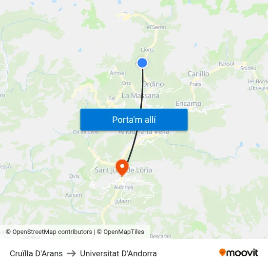 Cruïlla D'Arans to Universitat D'Andorra map