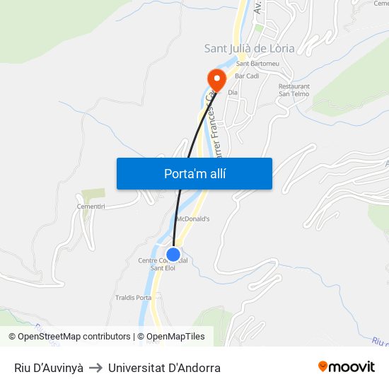 Riu D’Auvinyà to Universitat D'Andorra map