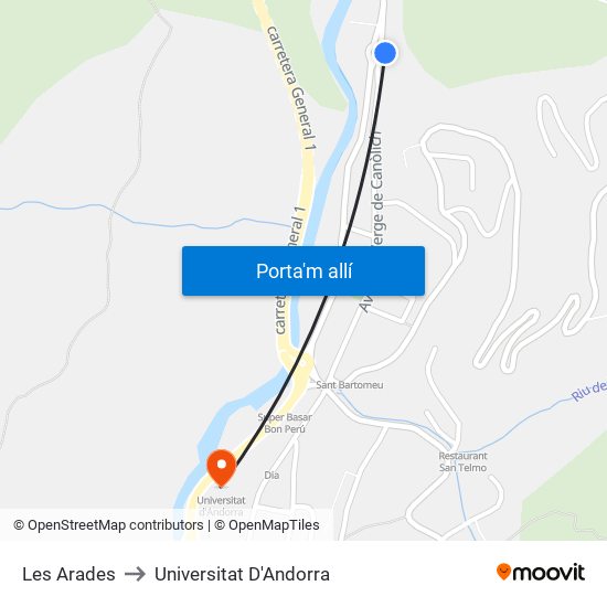 Les Arades to Universitat D'Andorra map