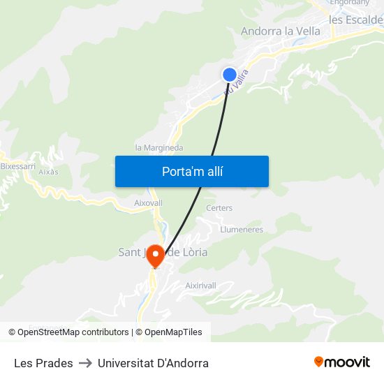 Les Prades to Universitat D'Andorra map