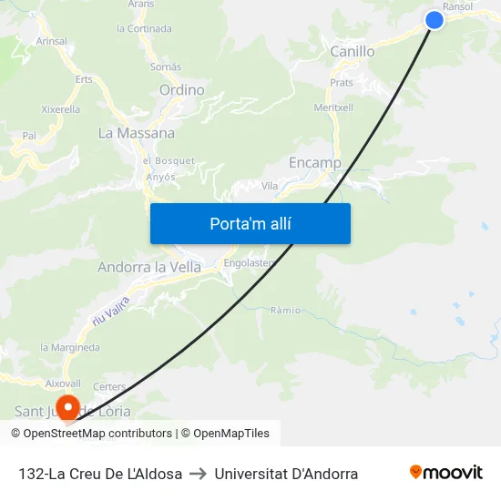 132-La Creu De L'Aldosa to Universitat D'Andorra map