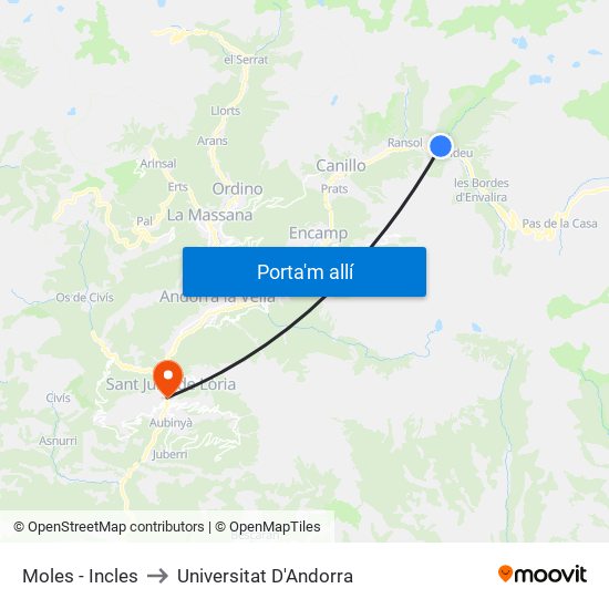 Moles - Incles to Universitat D'Andorra map