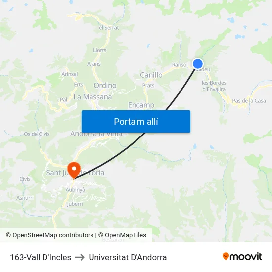 163-Vall D'Incles to Universitat D'Andorra map