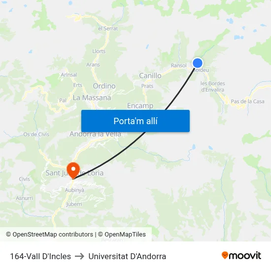 164-Vall D'Incles to Universitat D'Andorra map