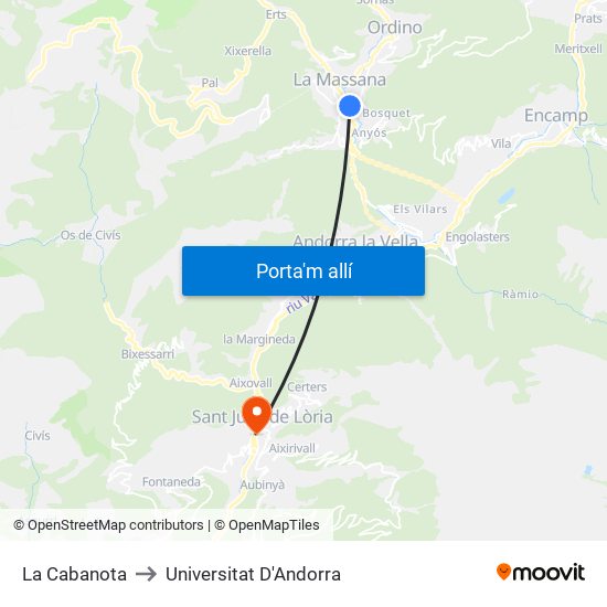 La Cabanota to Universitat D'Andorra map