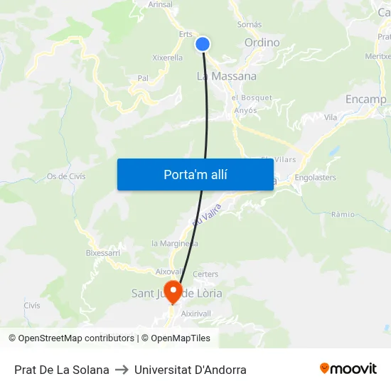 Prat De La Solana to Universitat D'Andorra map