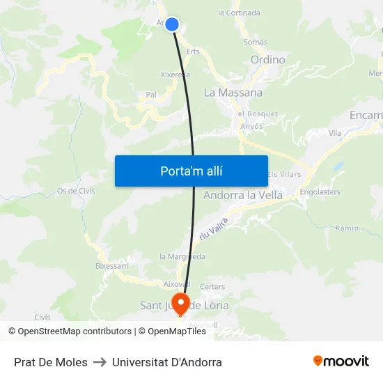 Prat De Moles to Universitat D'Andorra map