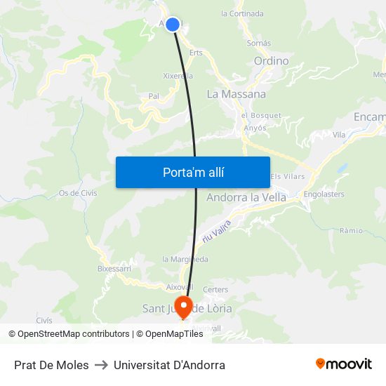 Prat De Moles to Universitat D'Andorra map