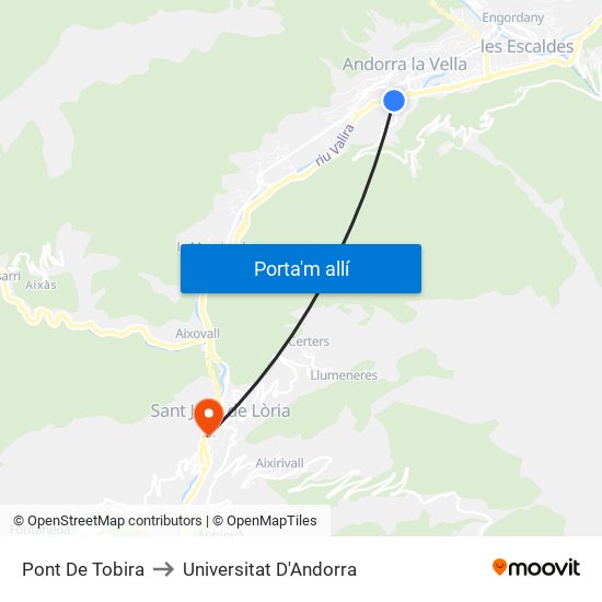 Pont De Tobira to Universitat D'Andorra map