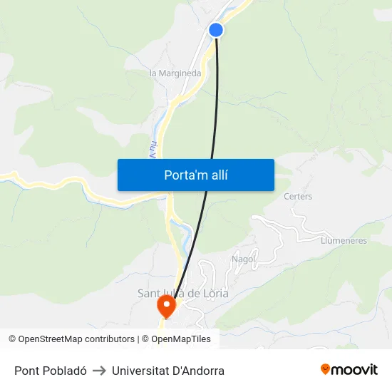 Pont Pobladó to Universitat D'Andorra map