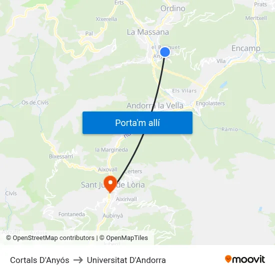 Cortals D'Anyós to Universitat D'Andorra map