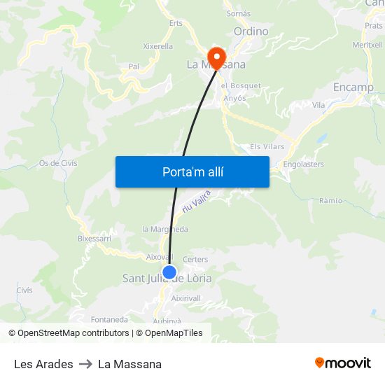 Les Arades to La Massana map