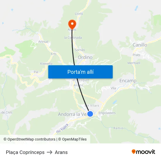 Plaça Coprínceps to Arans map