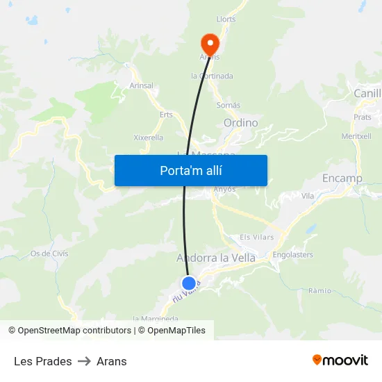 Les Prades to Arans map