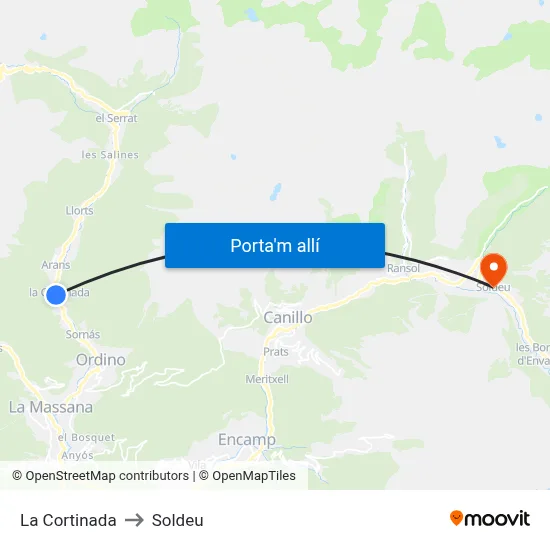 La Cortinada to Soldeu map