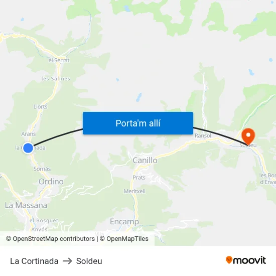 La Cortinada to Soldeu map