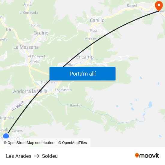 Les Arades to Soldeu map