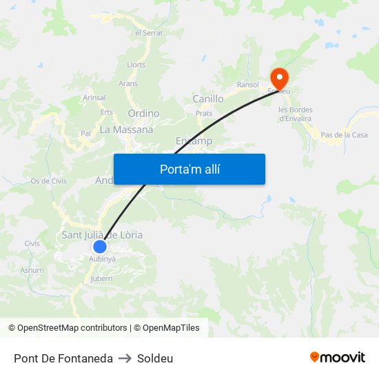 Pont De Fontaneda to Soldeu map