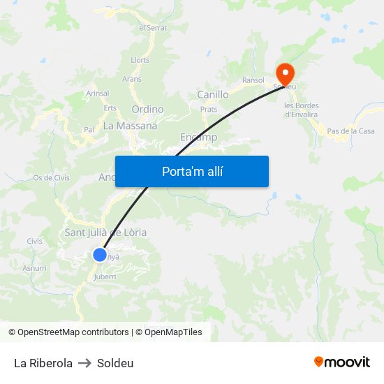 La Riberola to Soldeu map