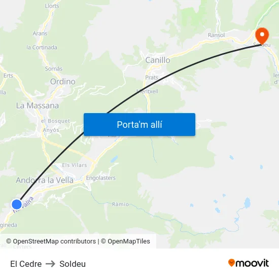 El Cedre to Soldeu map