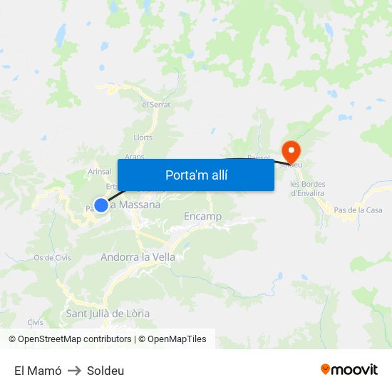 El Mamó to Soldeu map