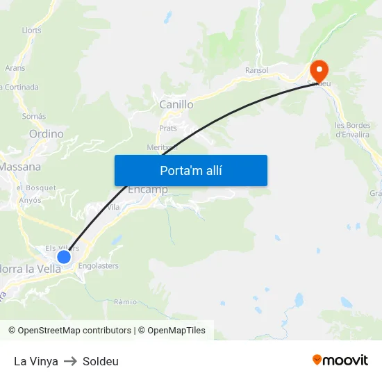 La Vinya to Soldeu map