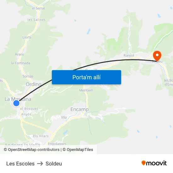 Les Escoles to Soldeu map
