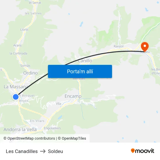 Les Canadilles to Soldeu map