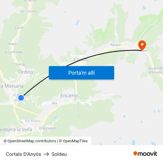 Cortals D'Anyós to Soldeu map