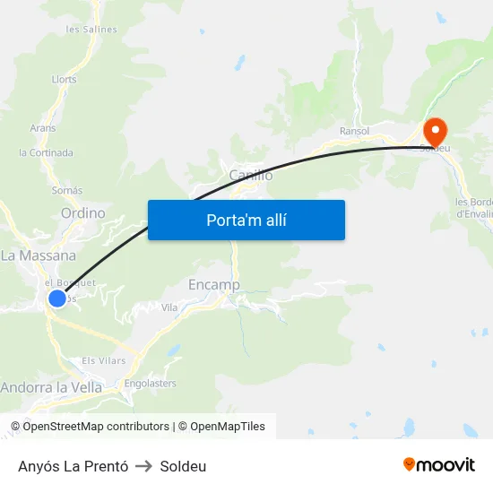 Anyós La Prentó to Soldeu map