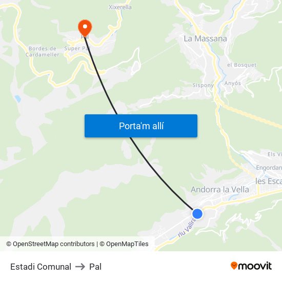 Estadi Comunal to Pal map