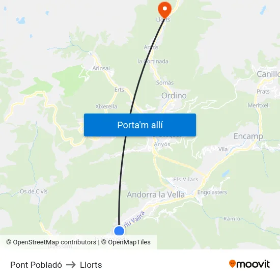 Pont Pobladó to Llorts map