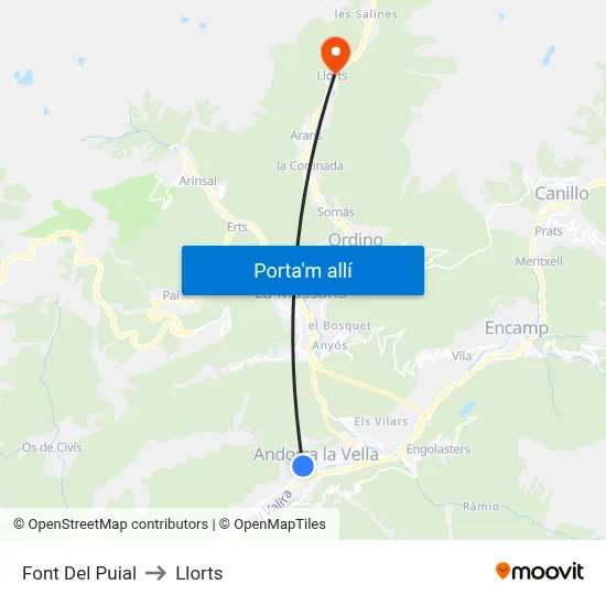 Font Del Puial to Llorts map