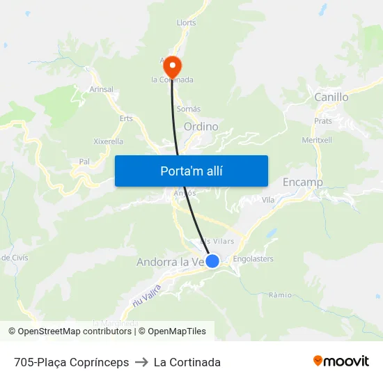 705-Plaça Coprínceps to La Cortinada map