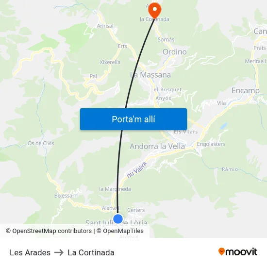 Les Arades to La Cortinada map