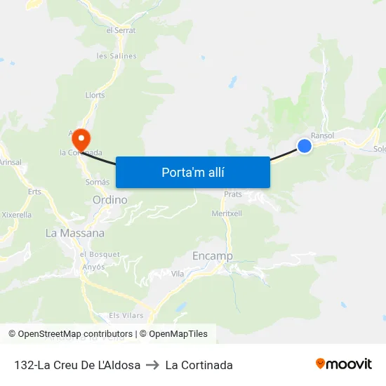 132-La Creu De L'Aldosa to La Cortinada map