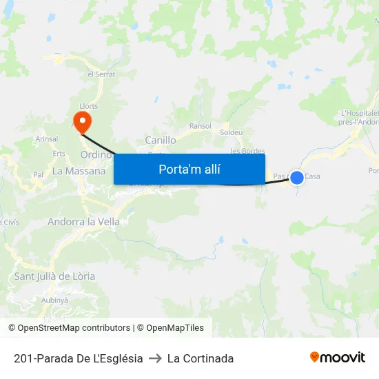 201-Parada De L'Església to La Cortinada map