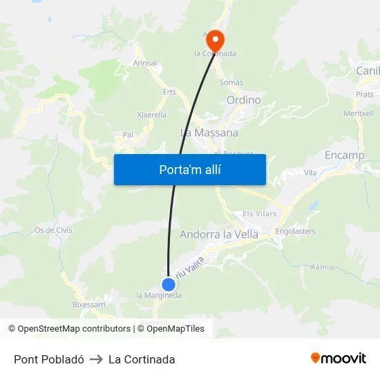 Pont Pobladó to La Cortinada map