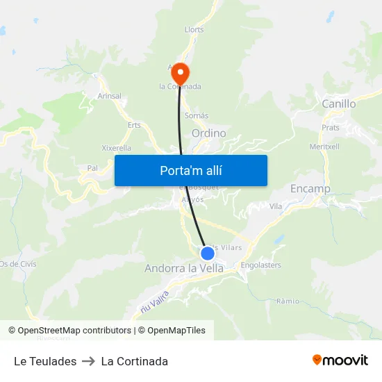 Le Teulades to La Cortinada map