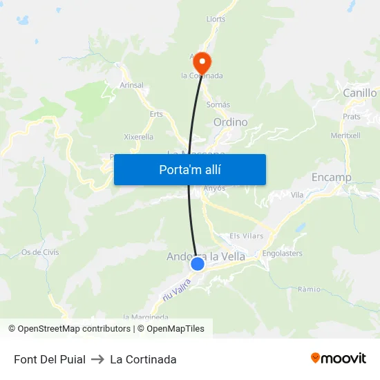 Font Del Puial to La Cortinada map