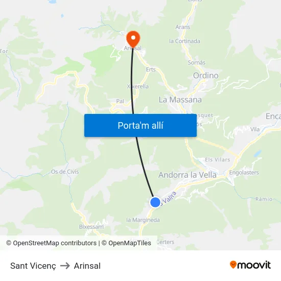 Sant Vicenç to Arinsal map