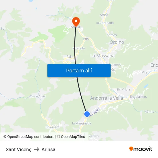 Sant Vicenç to Arinsal map