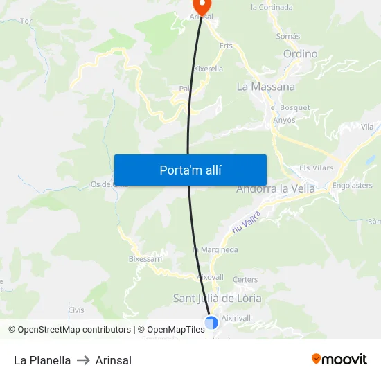 La Planella to Arinsal map