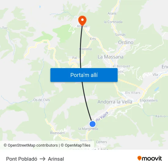 Pont Pobladó to Arinsal map