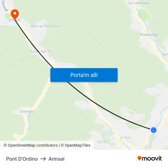 Pont D'Ordino to Arinsal map