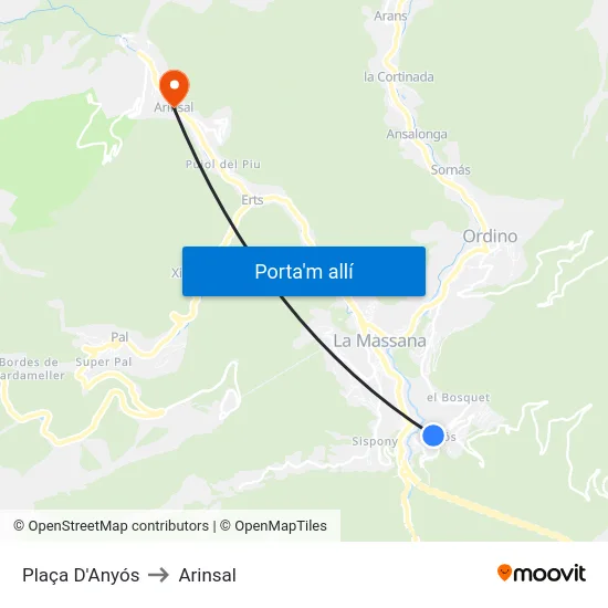 Plaça D'Anyós to Arinsal map