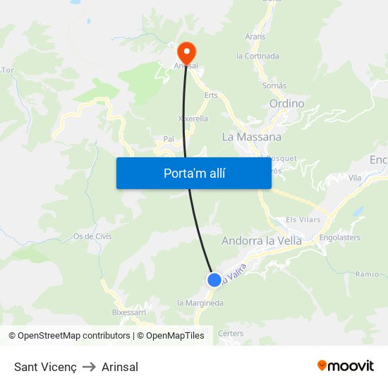 Sant Vicenç to Arinsal map