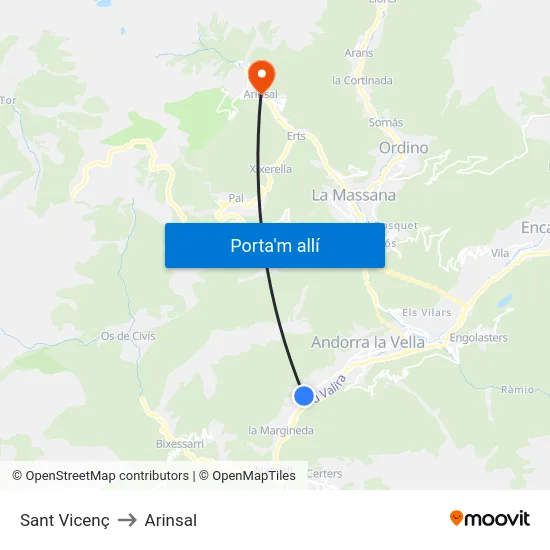 Sant Vicenç to Arinsal map