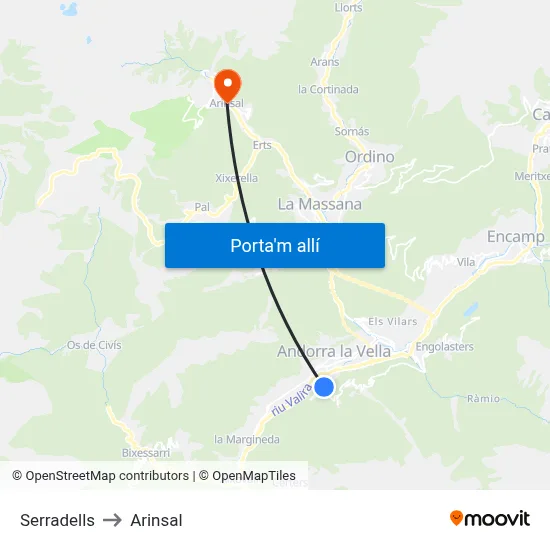 Serradells to Arinsal map