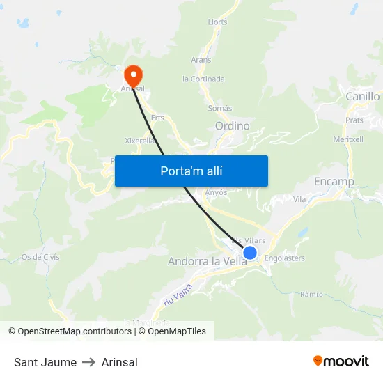 Sant Jaume to Arinsal map